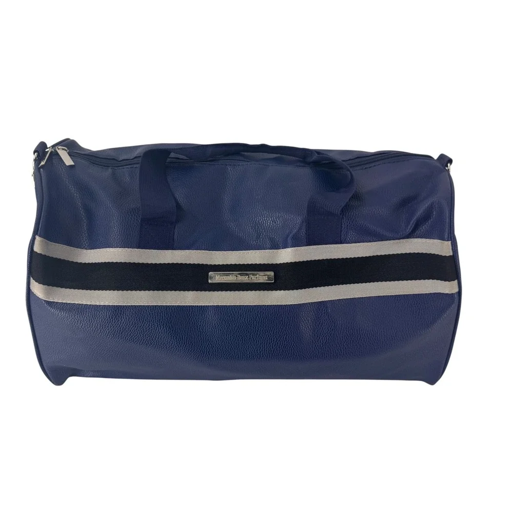 Mercedes Benz Parfums Navy Blue Pebbled Faux Leather Duffle Travel Bag Stripe